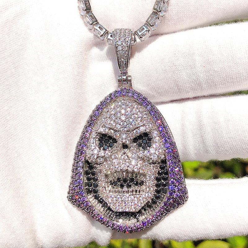 Pirate Skull Iced out Necklace Hip Hop Gothic Head Ghost Crystal Bling Purple